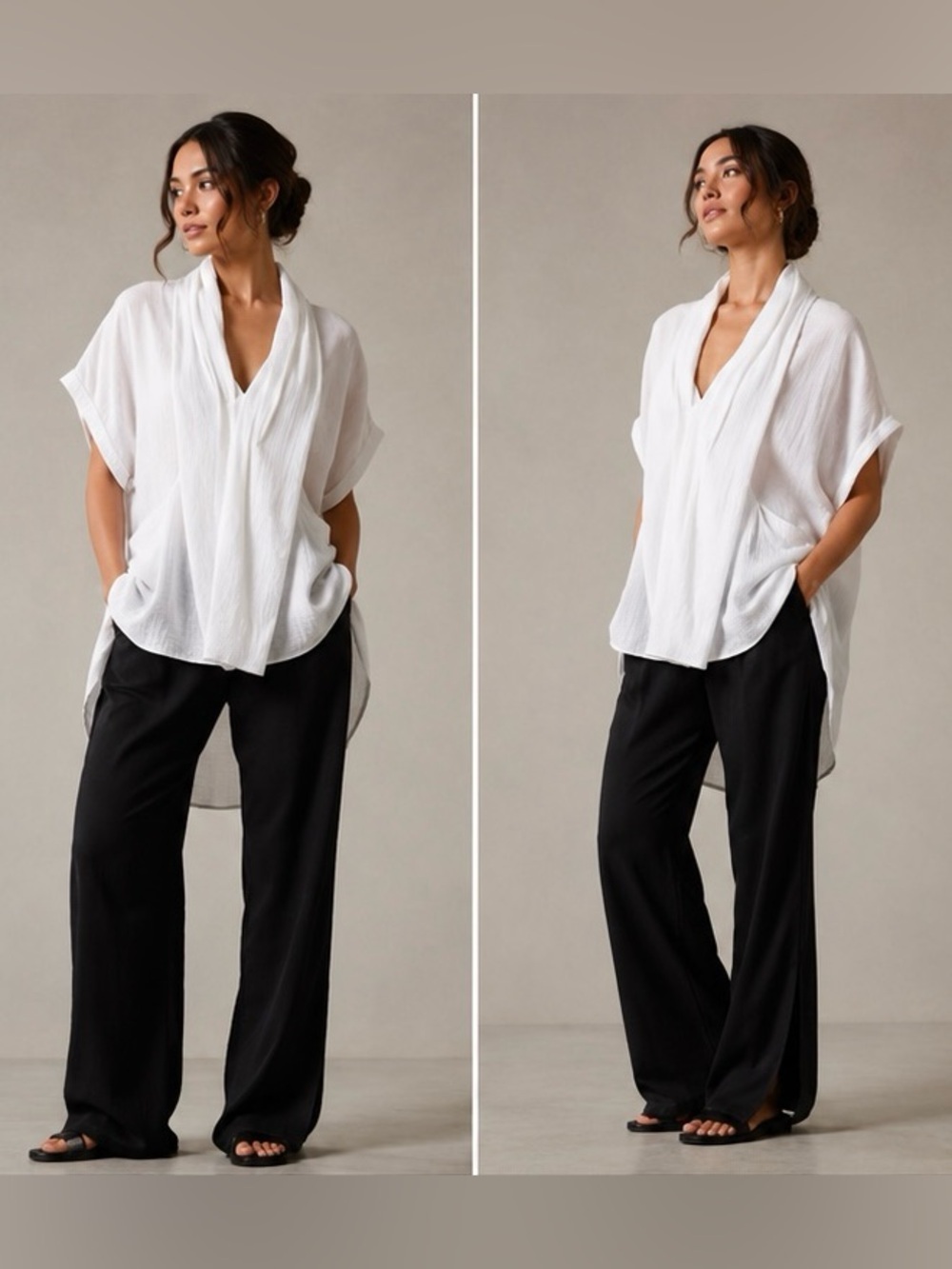 Nicholas K Malta Flowy White Gauze Tunic Top with Draped V-Neck High Low 🤍 M NWT